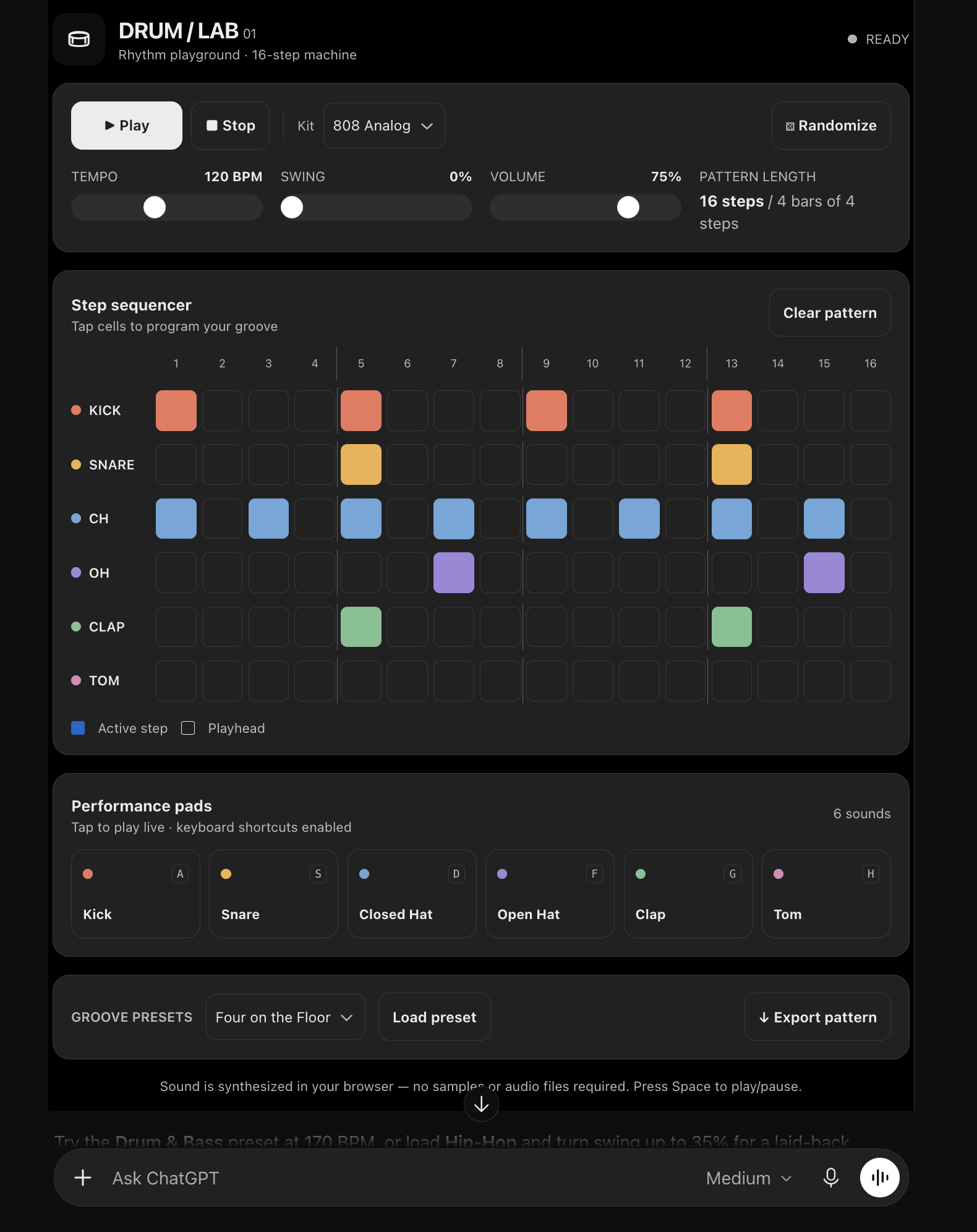 Drum Lab running as an AppBlock in ChatGPT: a 16-step drum sequencer with tempo, swing and volume controls, six performance pads, groove presets and pattern export.